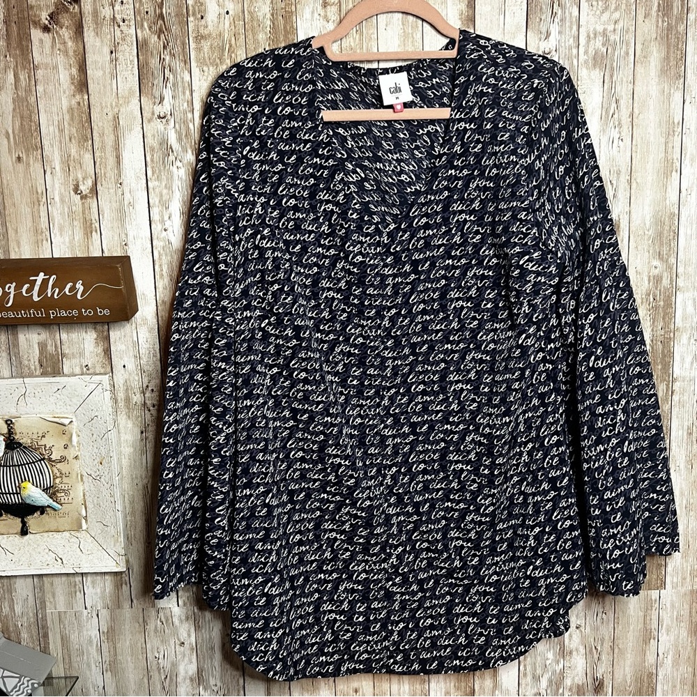 CAbi Navy and White Script Long Sleeve Top